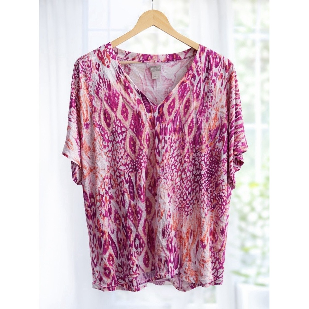 Chico's 100% Linen Tee Top Pink Orange Cheetah Print Breathable Casual Size 3 XL